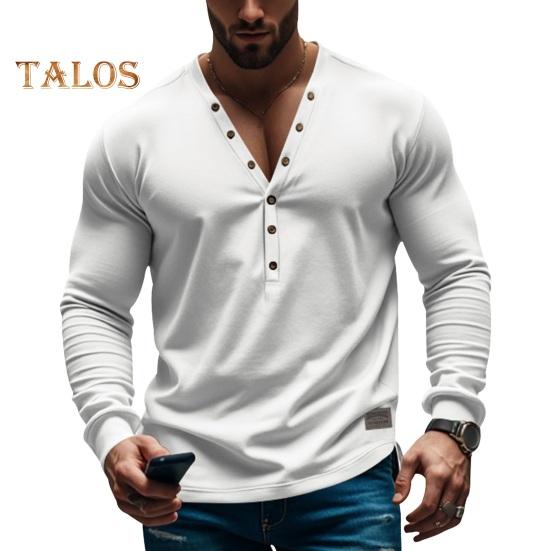 Men Spring Autumn Top Button Decor V Neck Long Sleeves Solid Color Pullover T-shirt Stretchy Slim Fit Fitness Sport Top