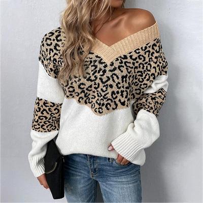 Autumn Winter Vintage Loose Long Sleeve Top Leopard Cardigan Knitwear V-Neck Sweater