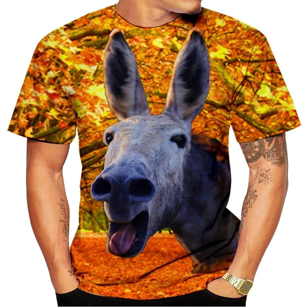 Artistic Style Oil Painting Animal Donkey 3D Printing Men's Street Round Neck Short Sleeved T-shirt