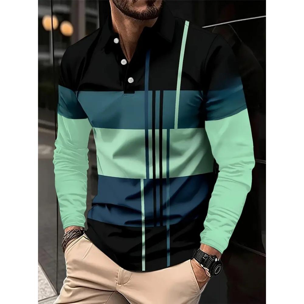 Fashion Men's Sweatshirt Long Sleeve Lapel Top Button Down Striped Polo Shirt