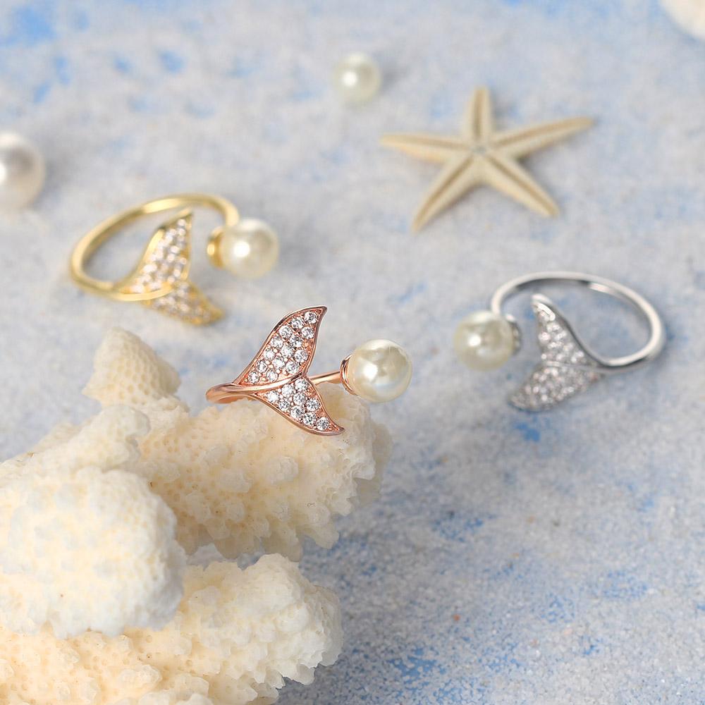 Delicate Whale Tail Shaped Rings for Women Exquisite Cute Pearl Fairy Tale Jewellry Zircon Gold Color Jewelry Accessories R203