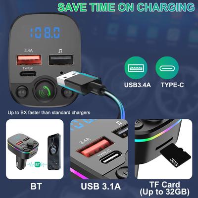 Fast Colorful Charger Bluetooth 5.0 Car FM Transmitter Wireless FM Radio Kit And With Play MP3 Modulator Handsfree Ambient