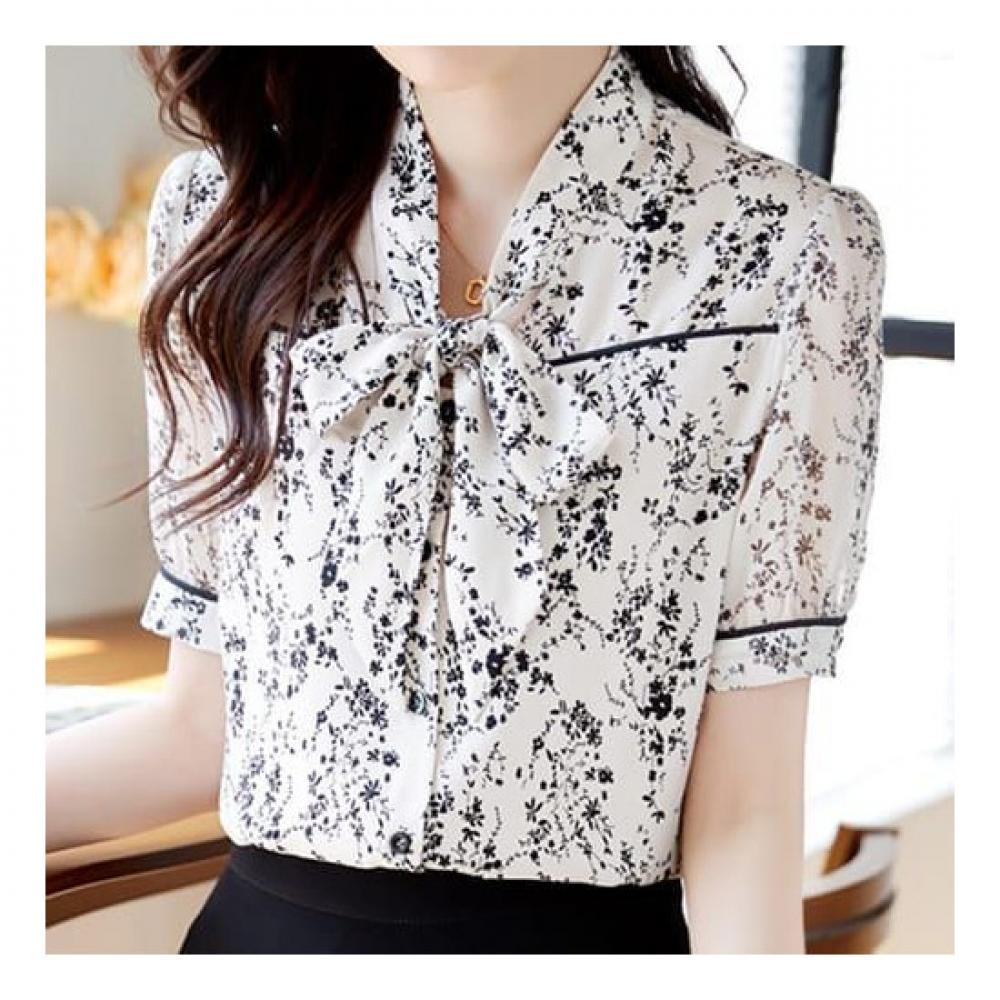 Navava Women Flower Pattern Ribbon Neck Short Sleeve Blouse Nb2085