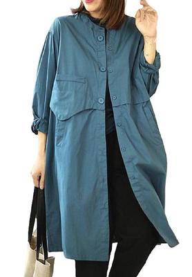 Noichi Coat Spring No Collar Spring Gathered Simple Fashion Chester Dress Single Collarless [1/2plus] [Nibun Plus] Women's (XXL, Blue)