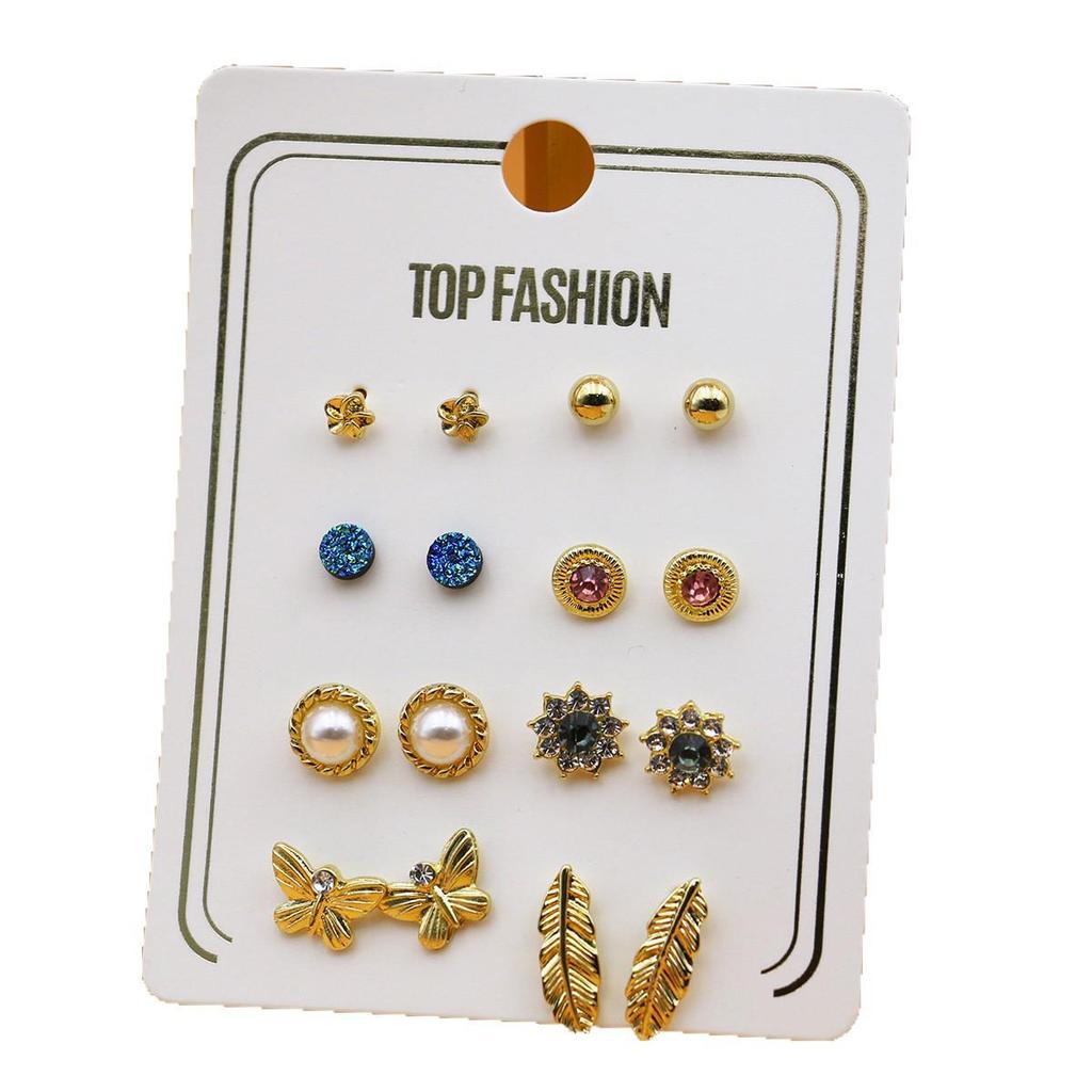 8-Pair Gold-Plated Rhinestone Alloy Ear Stud Set - Eco-Friendly, Versatile, Personality Trend Women's Earrings