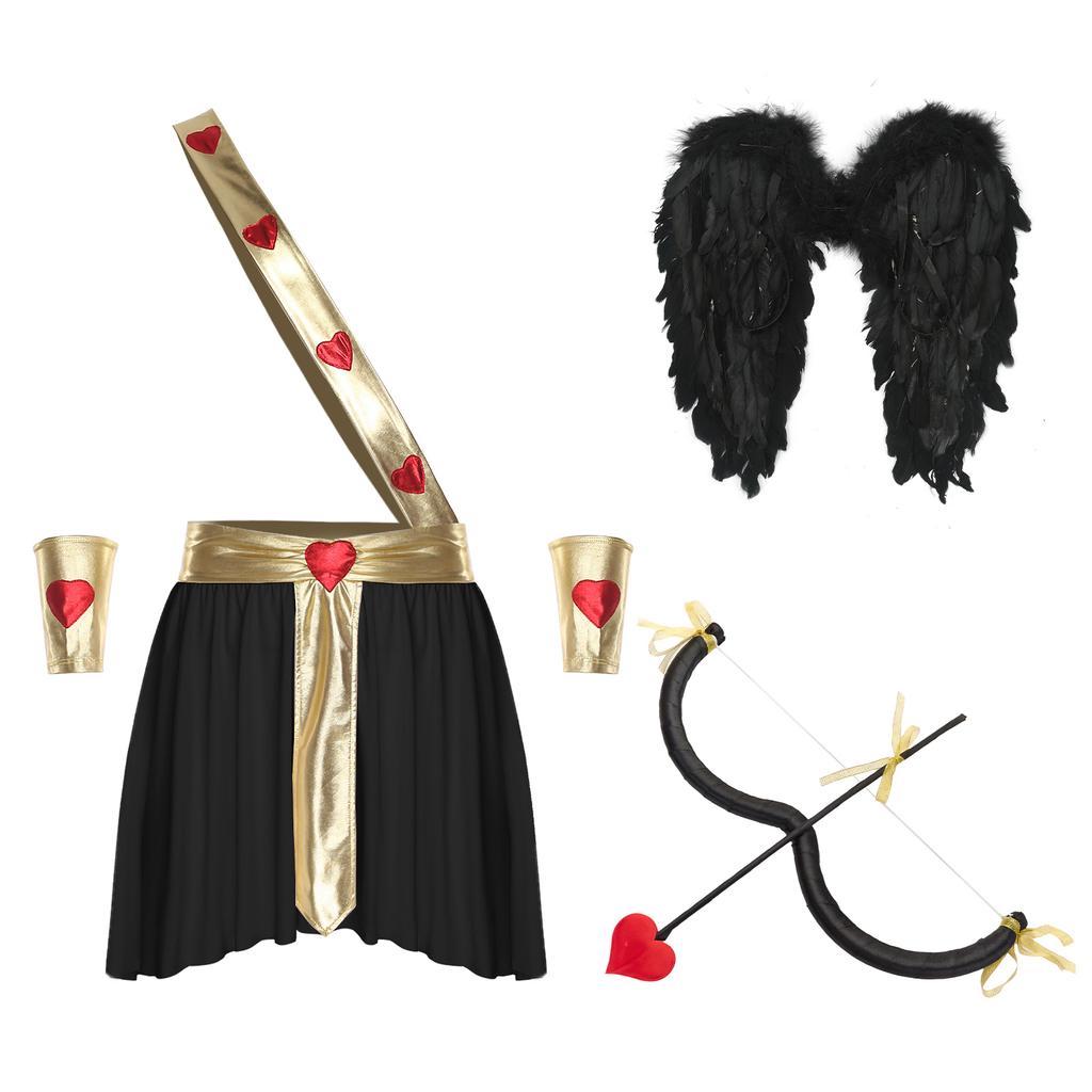 Mens Cupid Costume Set Contrast Color Heart Pattern Skirt Detachable Sleeves Wings Bow Arrow
