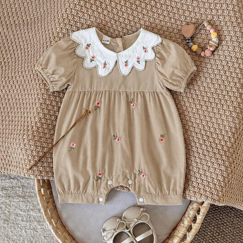 Floral Print Khaki Newborn Romper with Doll Collar - Summer Outdoor Jumpsuit
