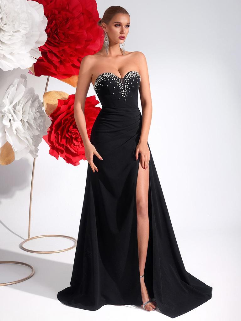 European & American Black Strapless Bodycon Dress with Slit & Rhinestones - Elegant Socialite Evening Gown