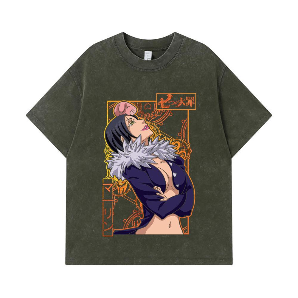 

275 GSM Washed T-shirts 100% Cotton Seven Deadly Sins V9 Merlin Print Unisex Heavy Cotton T Shirt S армия зеленый