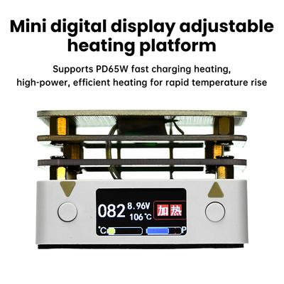 Placa de Aquecimento Mini de Temperatura Constante PD65W 20V, 10–300°C, Placa de Aquecimento Ajustável Digitalmente com Porta Tipo-C