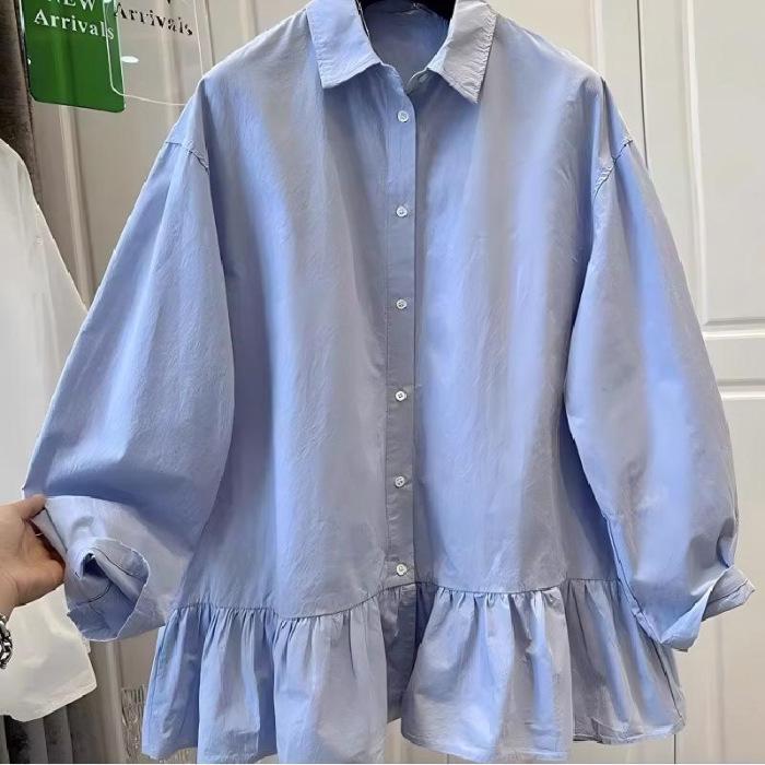 High-End Blue Ruffle Hem Long-Sleeve Women s Shirt - Loose Slim Fit, Autumn 2025 Large синий