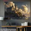 2D Fantasy Themed Backdrop, Gothic Castle on a Cliff with Giant Planet Background