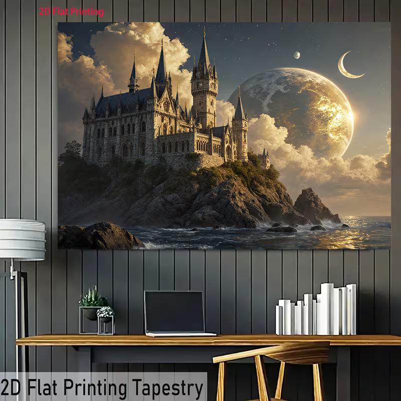 2D Fantasy Themed Backdrop, Gothic Castle on a Cliff with Giant Planet Background
