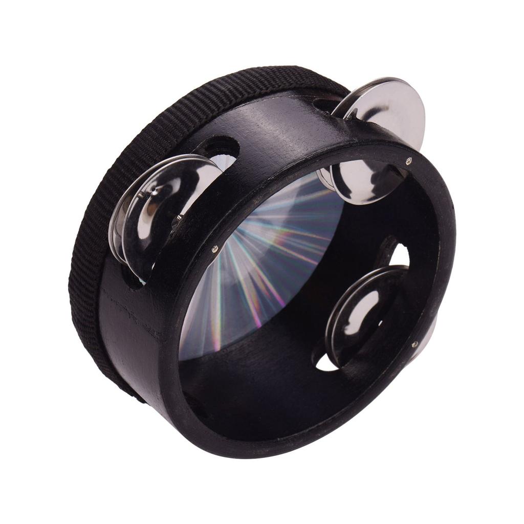 4 Inch Wooden Radiant Tambourine Handbell Hand Drum with Single Row Jingles Reflective Drum Head Percussion Instrument