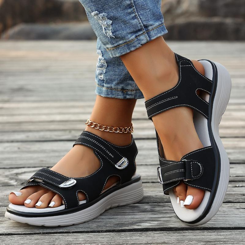 Plus Size Women Sporty Hook & Loop Peep Toe One Strap Casual Sandals