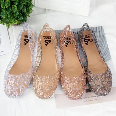 Summer Women Sandals Flat Soled Crystal Clogs Hollow SlipShallow Mouth Roman Jelly Shoes Beach Sandals