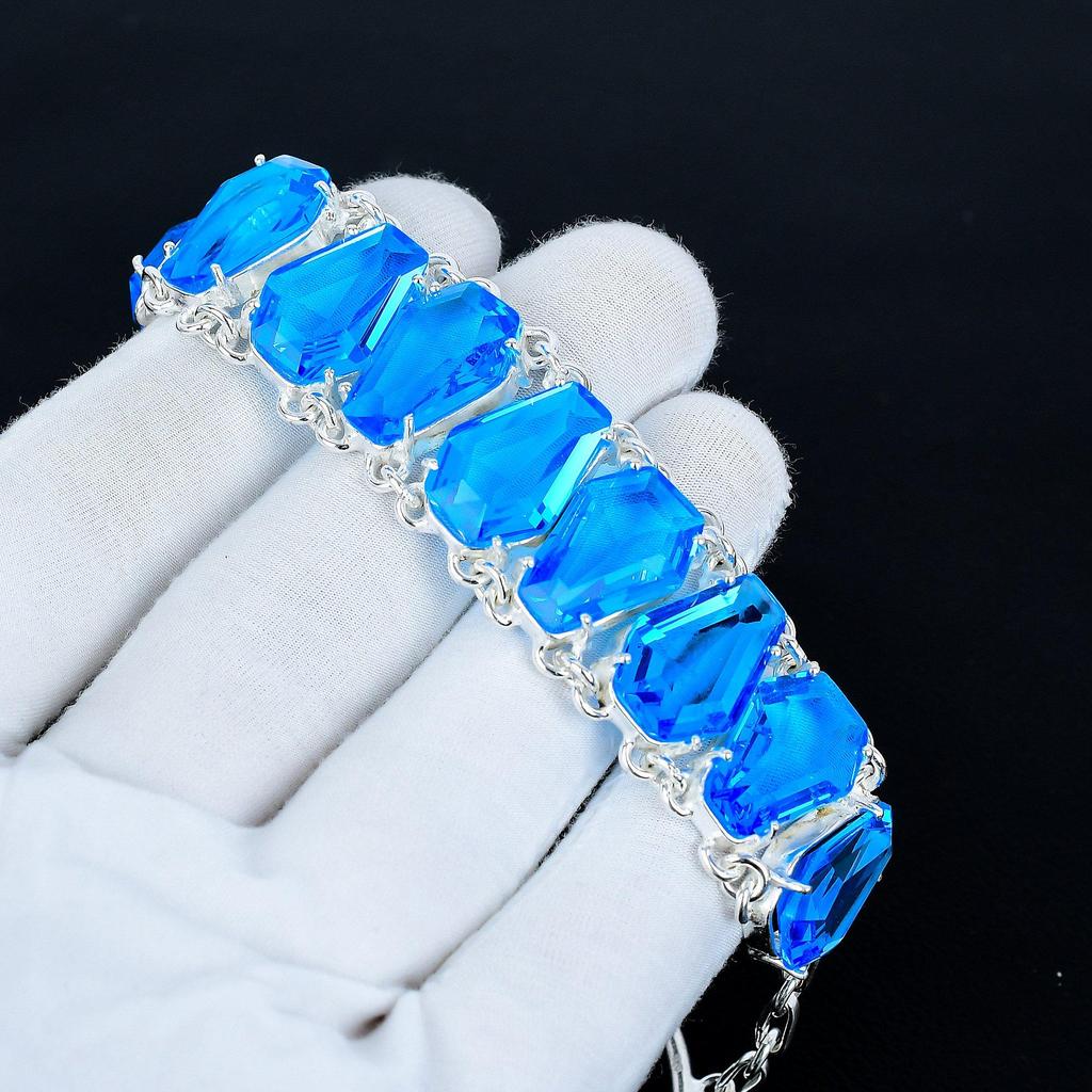 Blue Topaz Necklace & Bracelet Jewelry Set, Coffin Blue Topaz Gemstone 925 Sterling Silver Handmade Jewelry Unique Collection, Wedding Gift