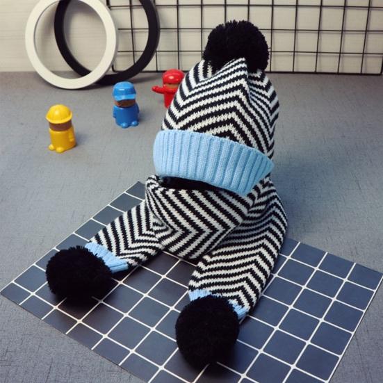 2Pcs/Set Kids Autumn Winter Hat Scarf Set Plush Ball Decor Striped Print Brimless Hat Knitting Scarf Set