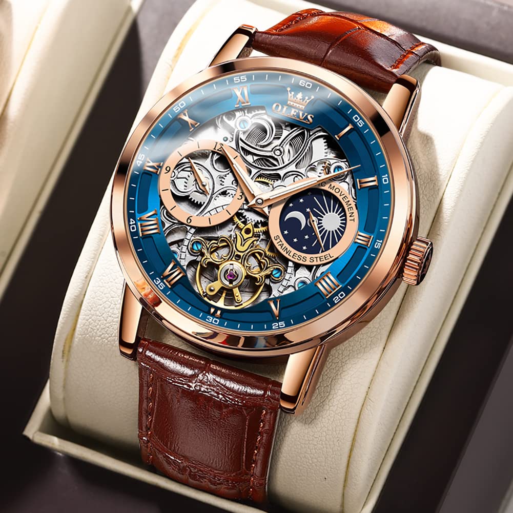OLEVS Mechanical Automatic Manual Winding Leather Fashion Watch Leather Skeleton Moon Phase Luminous Moon Waterproof Watch for Men Blue Men's & Men's