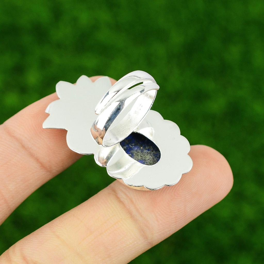 Oval Natural Lapis Lazuli 925 Silver Ethnic Statement Throat Chakra Ring Jewelry