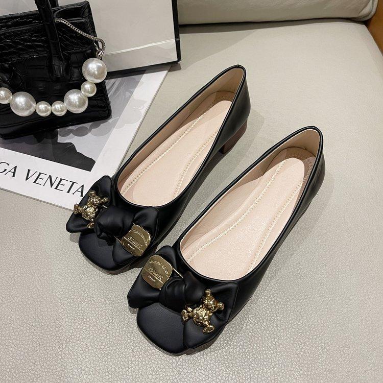 Elegant Bowknot Ballerina Women's Shoes Square Toe Low Heel Shoes Comfort Slip-On Ladies Leather Soft-soled Single Shoes Women