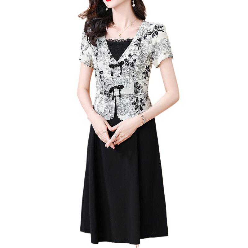 Mom's Elegant Patchwork Two-Piece Mid-Length Dress