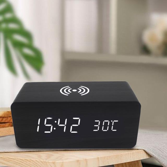 Intelligent Wireless Charging Clock Temperature Hygrometer Electronic Alarm Clock Digital Wooden Electronic Clock