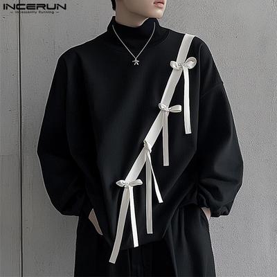 Herren Rollkragen Langarm Pullover Casual Schleife Knoten Patchwork Tops