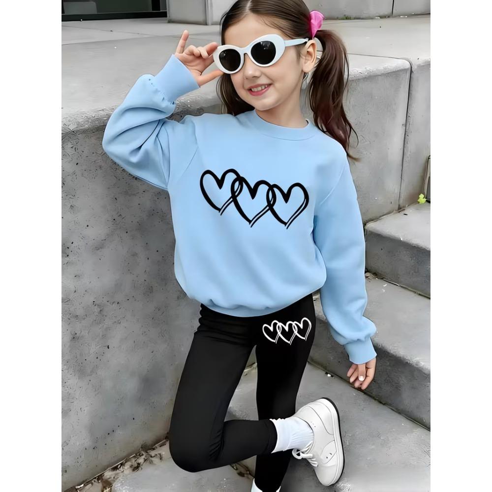 Girls' Triple Hearts Casual Comfortable Soft Loose Pullover Sweatshirt and Leggings 2-Piece Set, New Autumn/Winter, Playful, Sweet and Cool Style