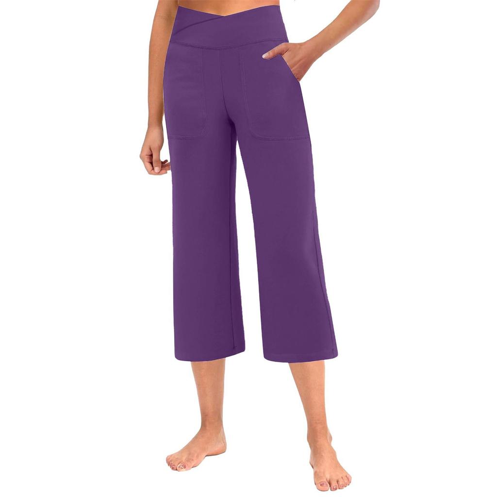 Women Elastic High Waist 3/4 Pant Casual Fit Wide Capris Leg Pants Trousers With Pockets
