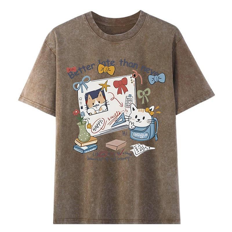 

Women s Distressed Washed Cotton Short Sleeve Retro Streetwear T-shirt 2XL кавовий