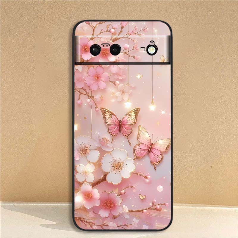 Butterfly flower pattern For Google Pixel 10 9a 9 8A 8 7 7A 6 6A Pro XL 2024 5G Black Soft TPU Silicone Phone Case