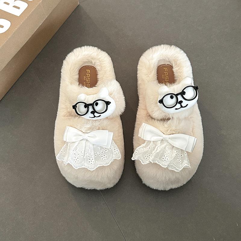 Bear casual bag head fluffy slippers women's 2025 autumn and winter new fashion warm home lazy shoes one-word cotton tow