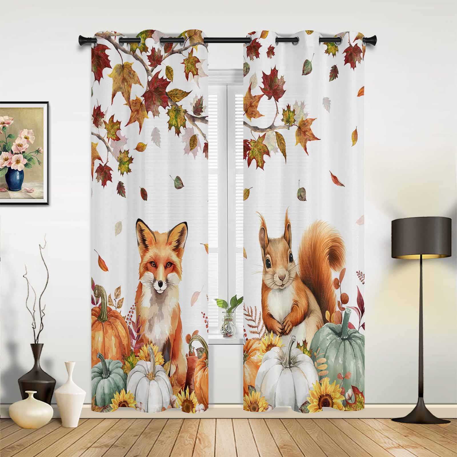 

Autumn Leaf Cartoon Animal Fox Curtains Bedroom Living Room Drapes Kitchen Children Window Curtain Home Decor Modern Polyester Washable Area Ready W100*H130(CM)-Hooks&2PCS