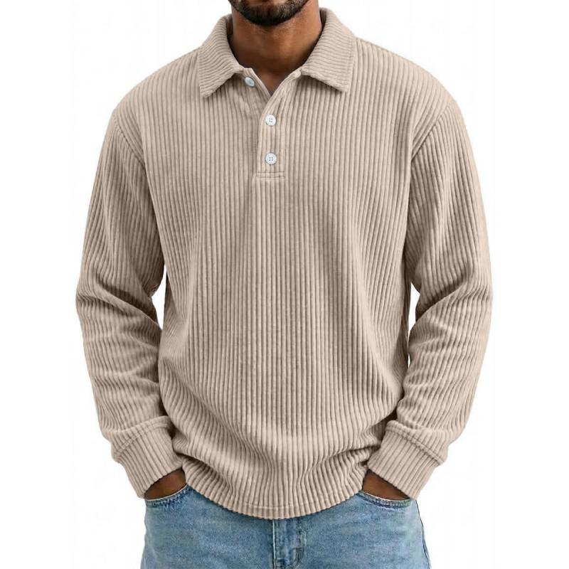 Mens Solid Corduroy Relaxed Fit Long Sleeve Polo Shirt Casual Wear