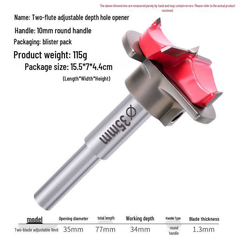 35mm Professional Double-Edge Hinge Hole Opener with Round & Hex Shank, Alloy Depth Stop