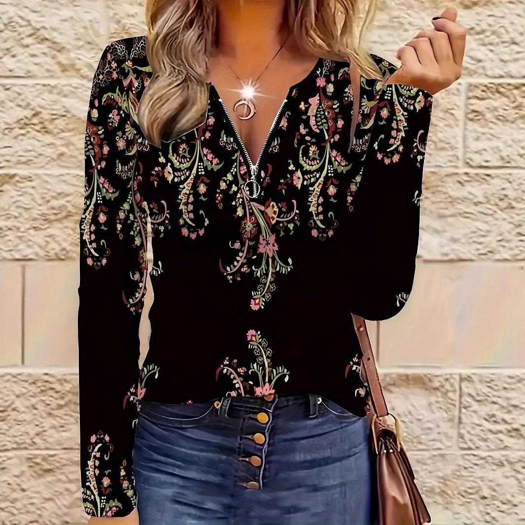 Elegant Floral Long Sleeve Cardigan Blouse for Women 3XL