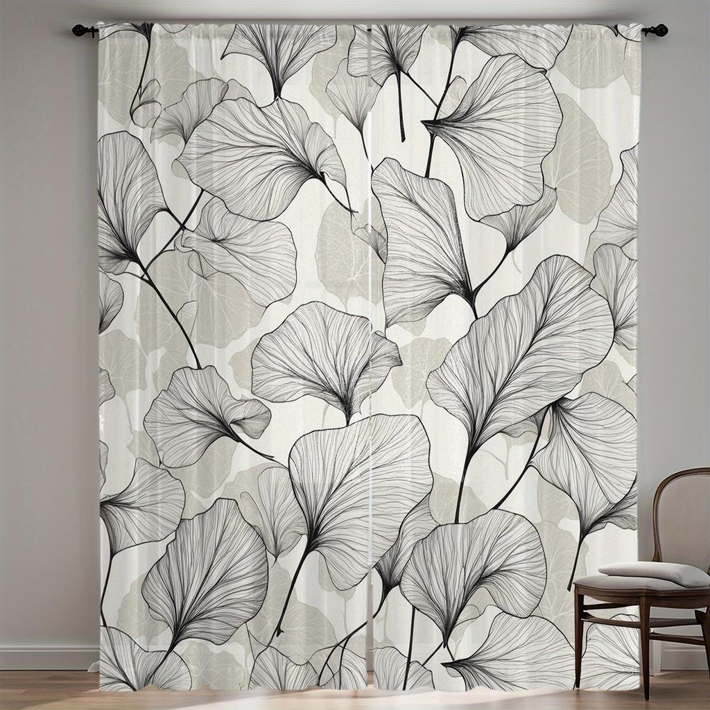 2D Flat, 2Pcs Glam Style Black And White Leaf Pattern Sheer Curtains, 35X90In, Polyester Rod Pocket Window Drapes, Machine Washa