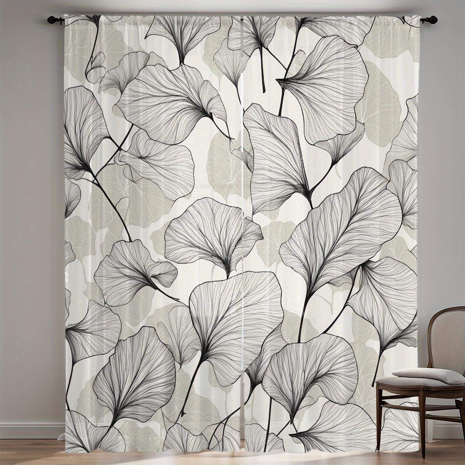 

2D Flat, 2Pcs Glam Style Black And White Leaf Pattern Sheer Curtains, 35X90In, Polyester Rod Pocket Window Drapes, Machine Washa 53x116cm 2pc&Without mount