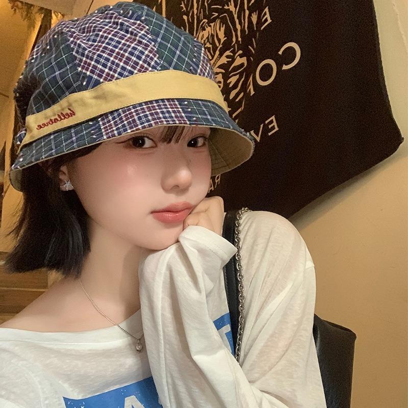 Retro Plaid Color Matching Bucket Hat Women's Niche Versatile Literary Basin Hat Big Head Circumference Showing Face Small Bucket Hat