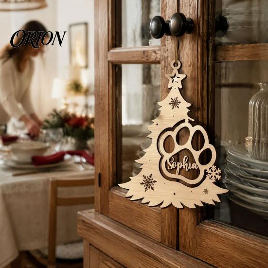 Decorative Tags for Christmas Tree Wood Pendant with Paw Print, Hollow Engraved Hanging Natural Craft Ornaments Ornament, Rustic Style Holiday
