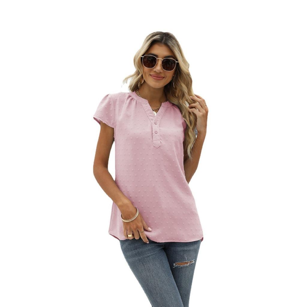 Summer Women's Solid Textured Chiffon Blouse, Loose V-Neck Pullover Short Sleeve Top, European & American Style Casual Top