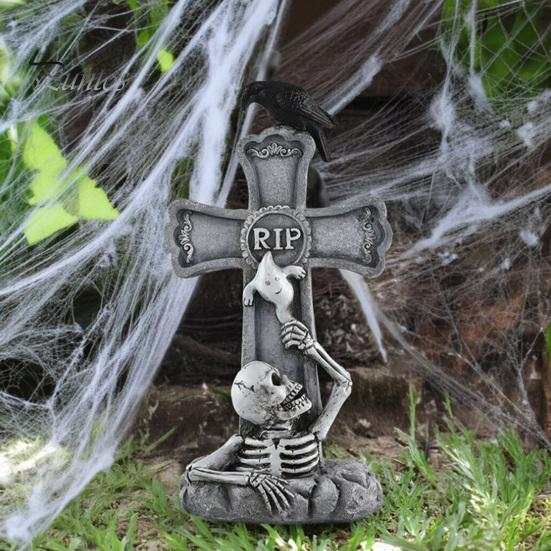 Spooky Holiday Exterior Decor Halloween Skull Tombstone, Stone Look Retro Gothic Resin Creepy Cemetery Scene Ornament Crow Gravestone for Outdoor