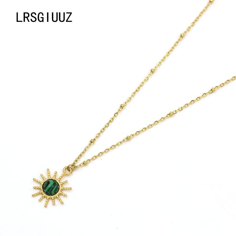 Gold-Plated Sun Pendant with Natural Stone - Fashionable Women s Stainless Steel Necklace