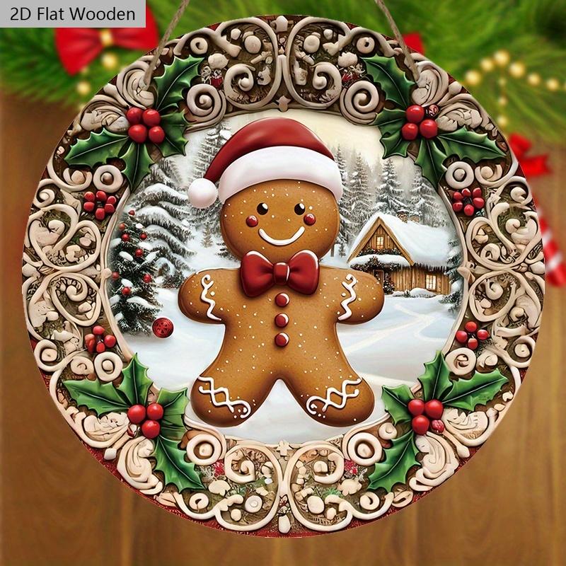 Wooden Christmas Sign with Gingerbread Man Pattern - Navidad Round Sign for Front Door, Wall Hanging Decor - Ideal Christmas Decoration