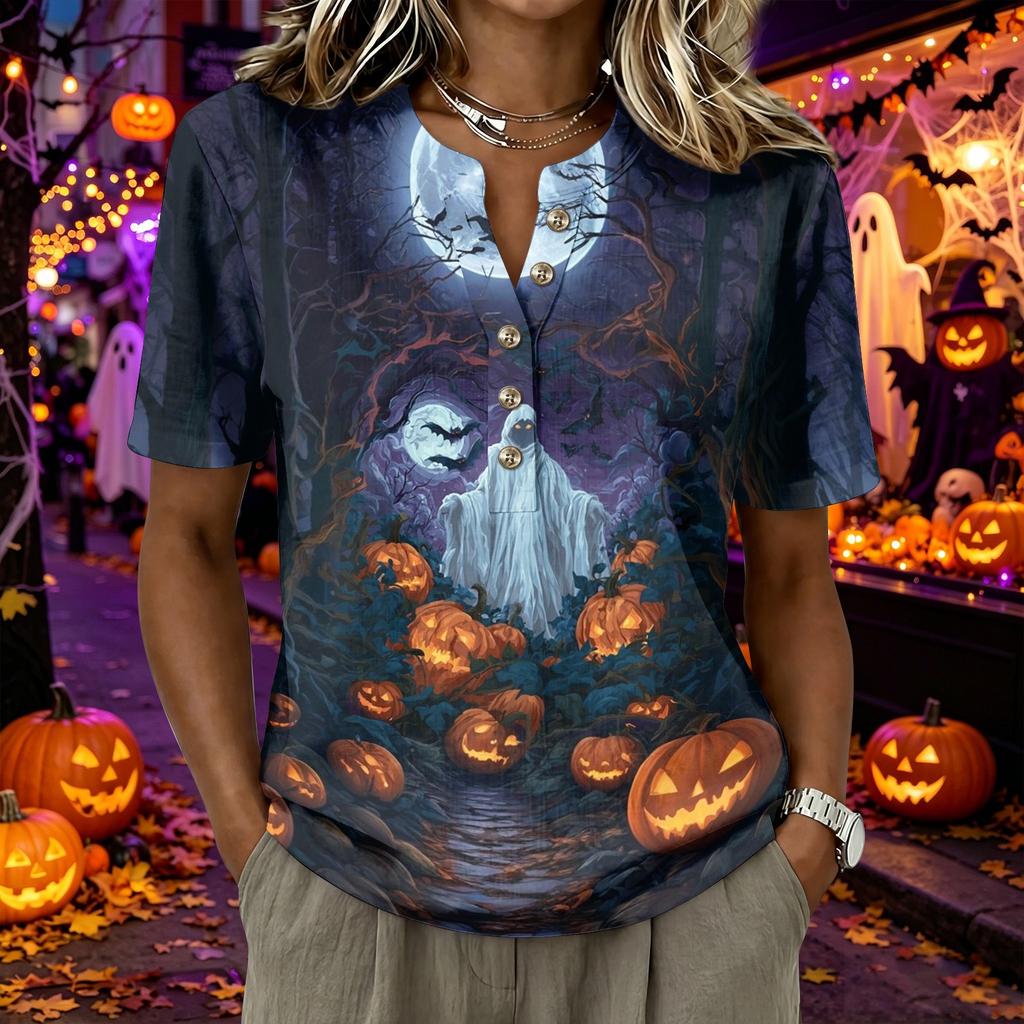 Women's Short Sleeve Henley Shirt Button Front Casual Loose Fit Cotton Linen Blend Top Halloween Graphic Print