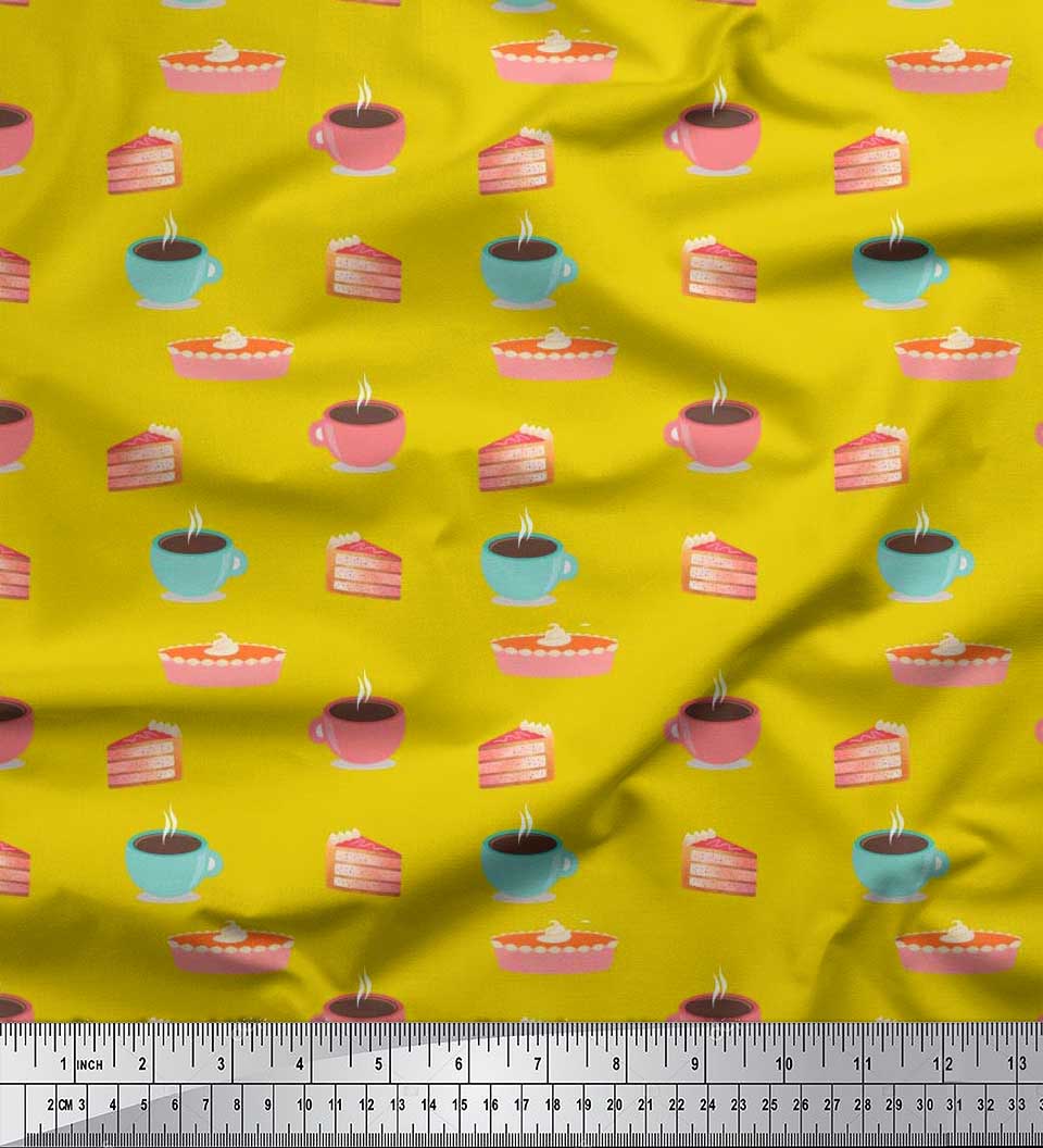 

Тканина Soimoi Японія Креп-сатин Скибочки торта та кава Напої Друк Швейна тканина метр 42 дюйма 42 Inch Wide - Poly Crepe жовтий