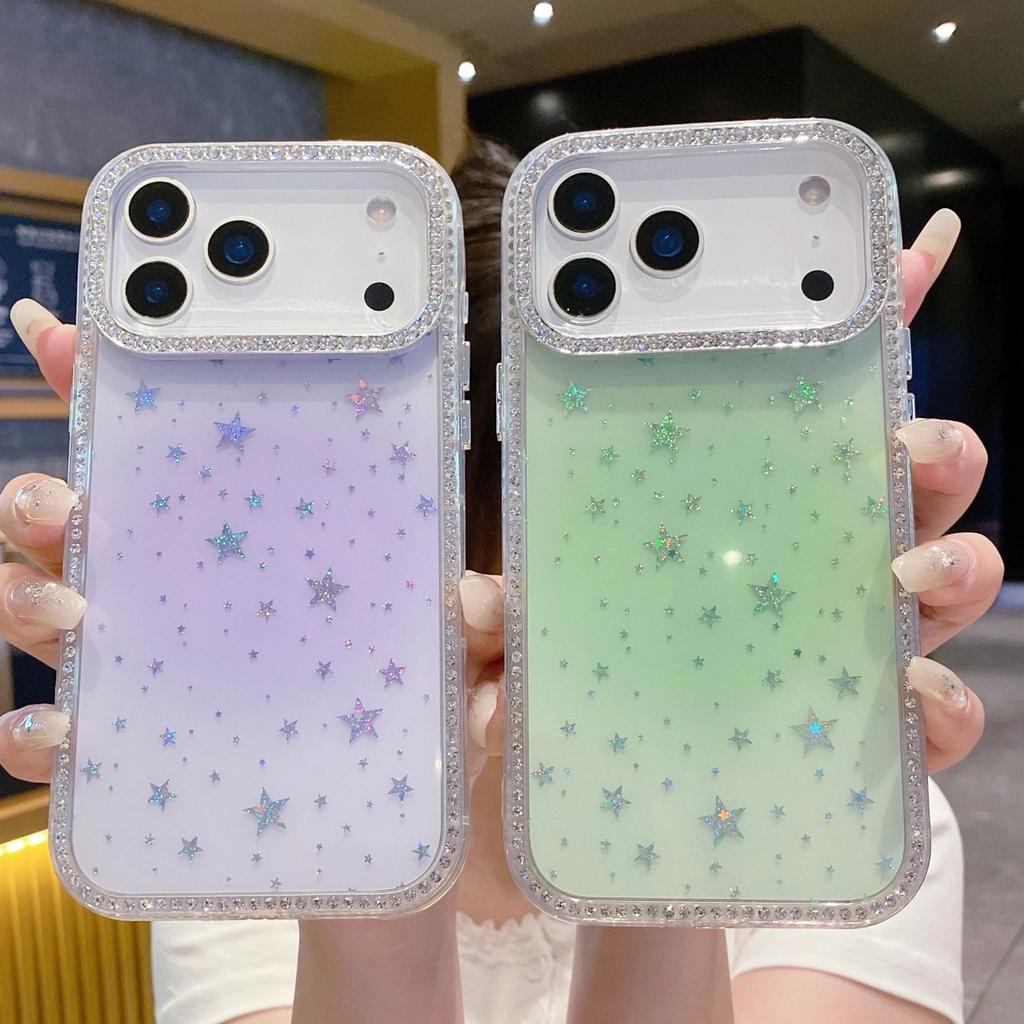 Shining Diamond Gradient Star Sequin Case For 17 16 16E 15 14 13 12 11 Pro Max Plus Rhinestone Transparent Glitter Cover