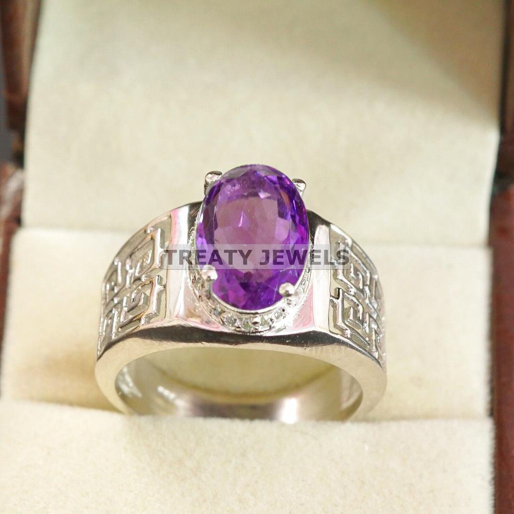 Amethyst Oval Cut Gemstone With 925 Sterling Silver Ring For Men's #A687 JL375658871564