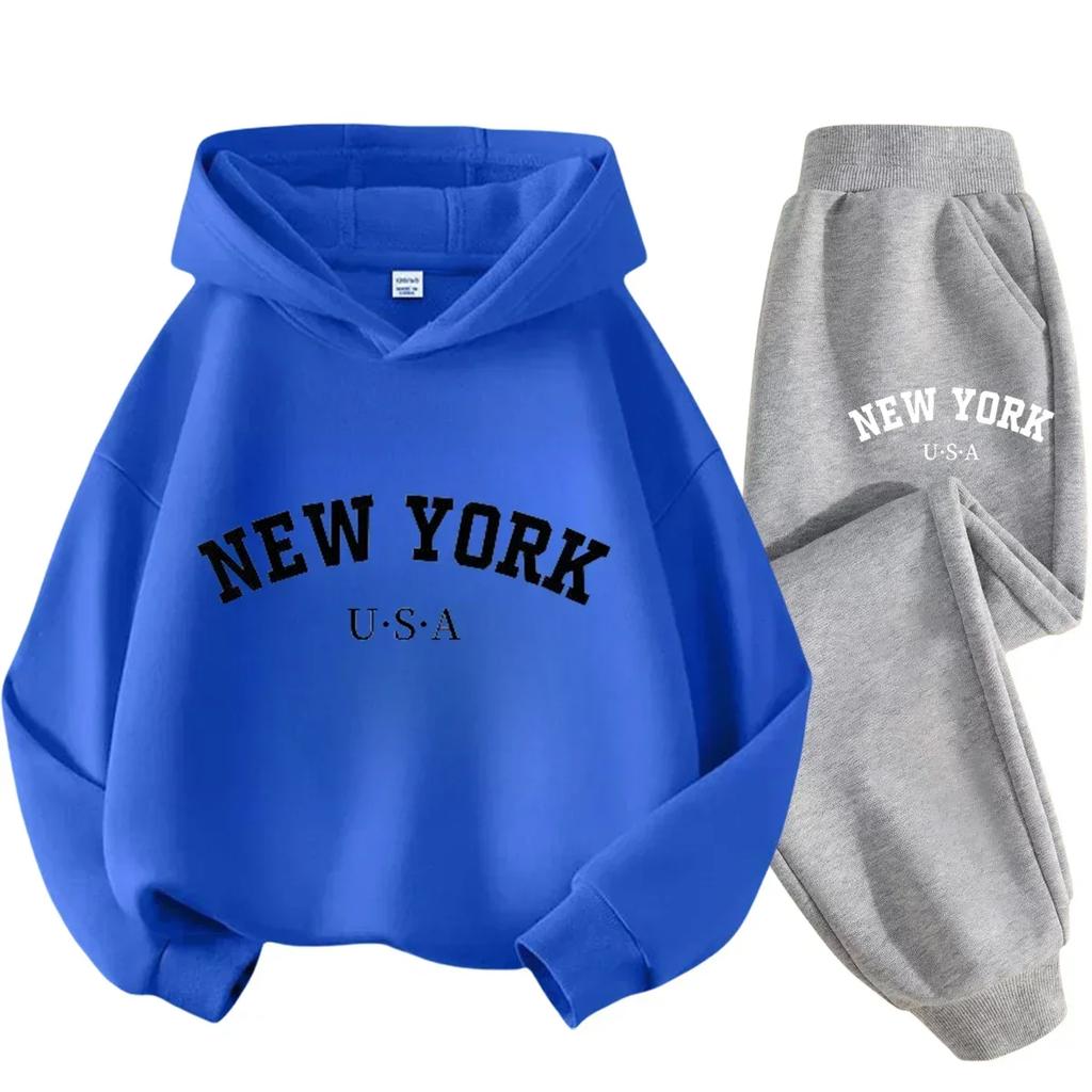New York American Letter Print Children Hooded Sweatshirt Pants Two-piece Set Boy Girl Autumn Winter Daily Loose Warm